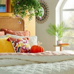 Opalhouse 21 18"x18" Square Cotton Embroidered Harvest Accent Pillow White/Red/Mustard - Opalhouse⢠Designed With Jungalowā¢